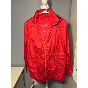 St Johns Bay Womens Red Packable Water Resistant Hooded Rain Jacket Size S